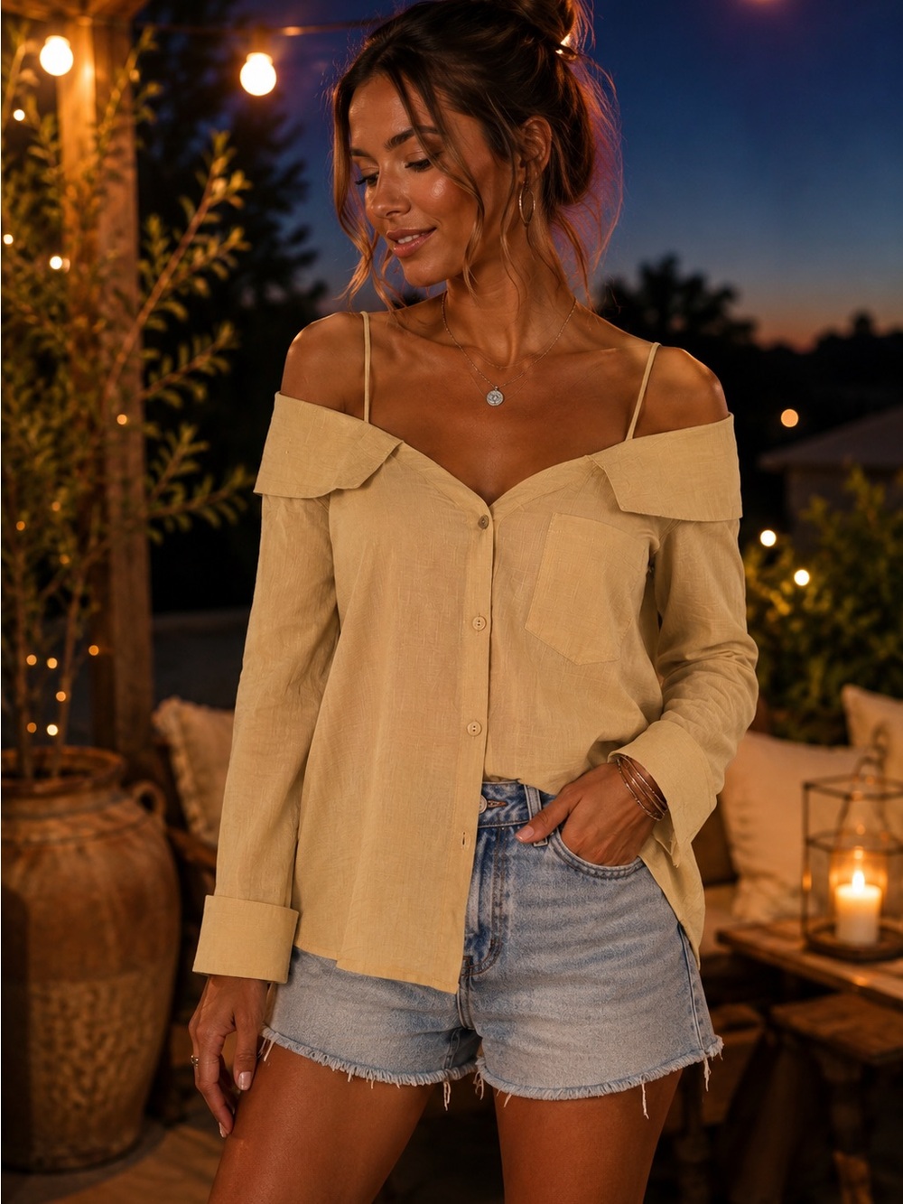 Easel Cotton Off-Shoulder Spaghetti Strap Button-Front Top in Khaki